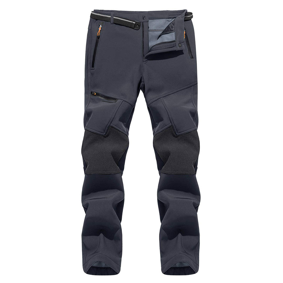 Water-resistant men's ski pants with fleece lining and reinforced knees for winter sports