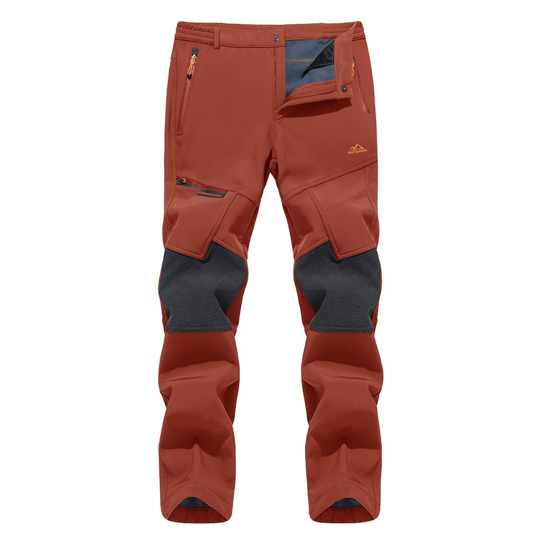 Water-resistant men's ski pants with fleece lining and reinforced knees for winter sports