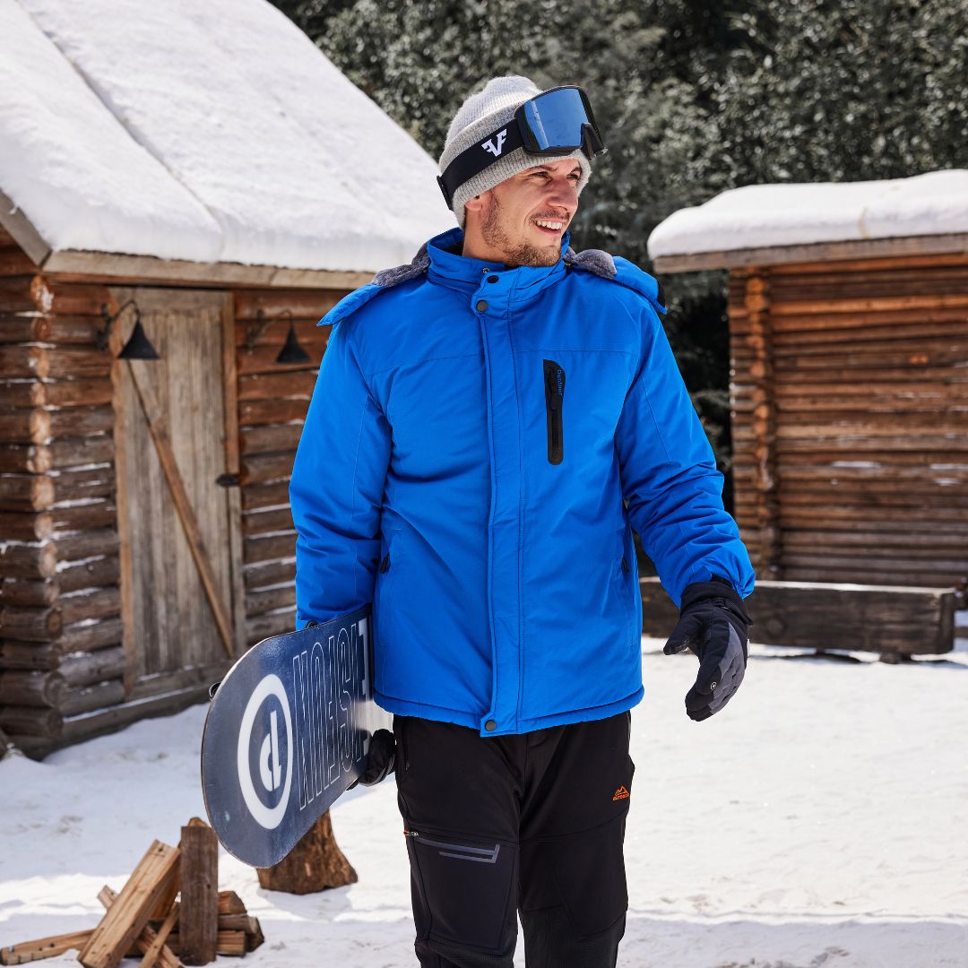 Vindtæt vinterjakke til mænd med varmt fleecefoer og aftagelig hætte til udendørsbrug