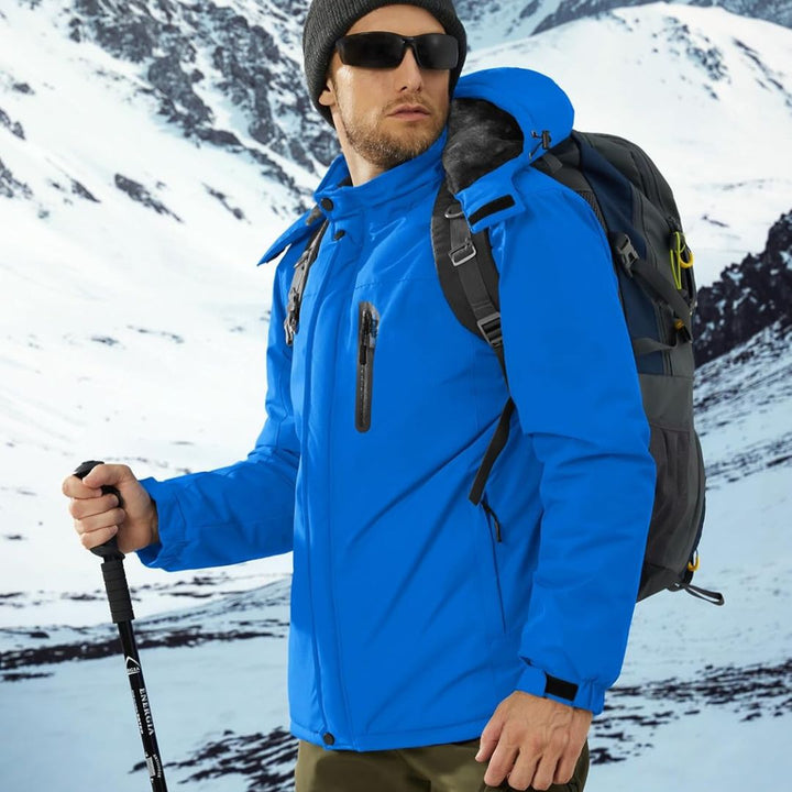 Vindtæt vinterjakke til mænd med varmt fleecefoer og aftagelig hætte til udendørsbrug