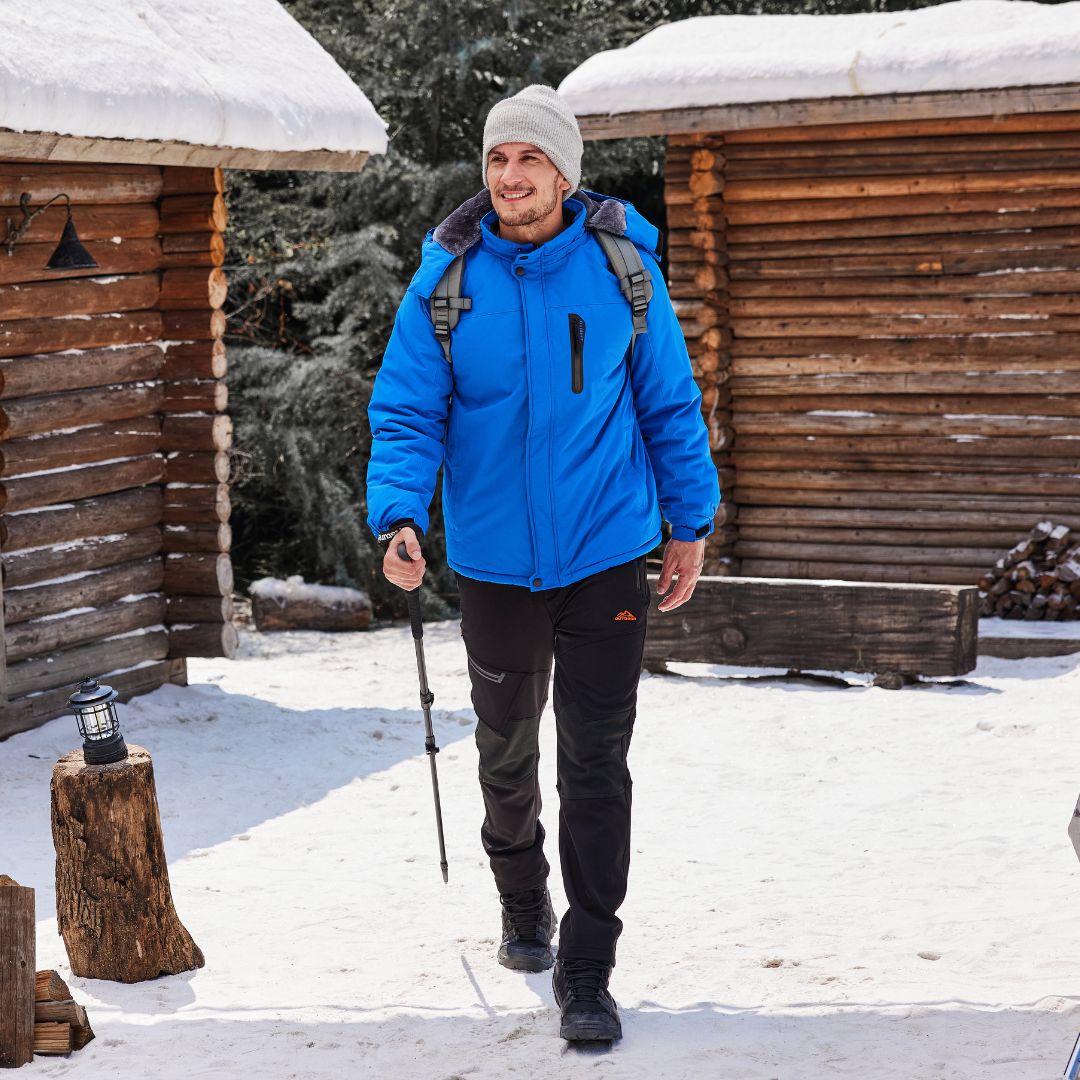 Vindtæt vinterjakke til mænd med varmt fleecefoer og aftagelig hætte til udendørsbrug
