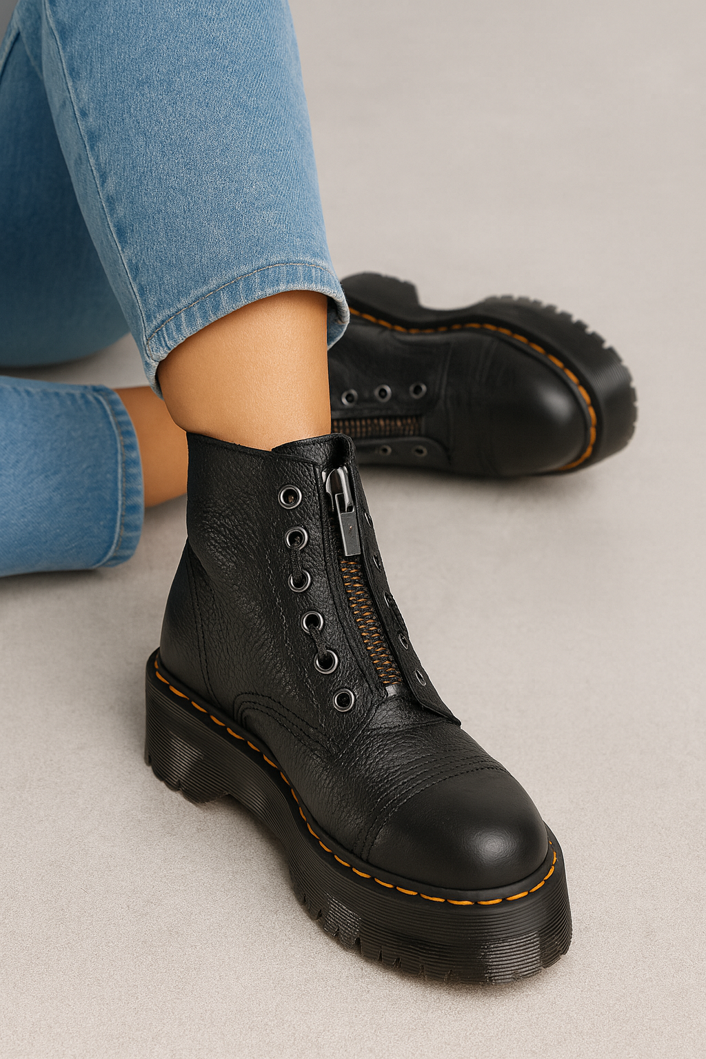 Sort læderstøvle med lynlås og snørebånd, robuste såler og orange syninger, båret af person i blå jeans. Trendy fodtøj til efterår og vinter.