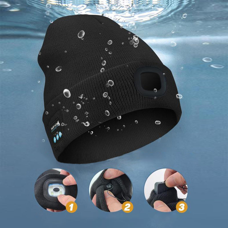 Sort vandtæt Bluetooth hue med indbygget højttaler, perfekt til udendørs aktiviteter. Visning af knapper og funktioner. Ideel til musikelskere.