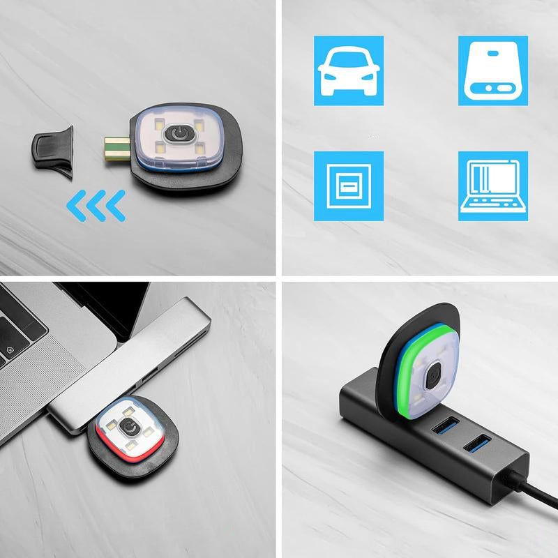 USB-drev med LED-lys, kompatibel med bil, computer og bærbar. Viser tilslutning til laptop og USB-hub. Ideel til dataoverførsel og opbevaring.