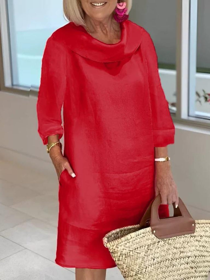 Heidi Elegant tunic dress in flax with liquid fit and draped collar