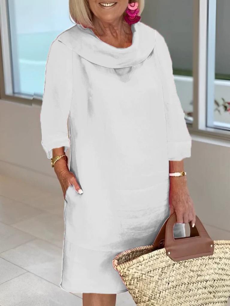 Heidi Elegant tunic dress in flax with liquid fit and draped collar