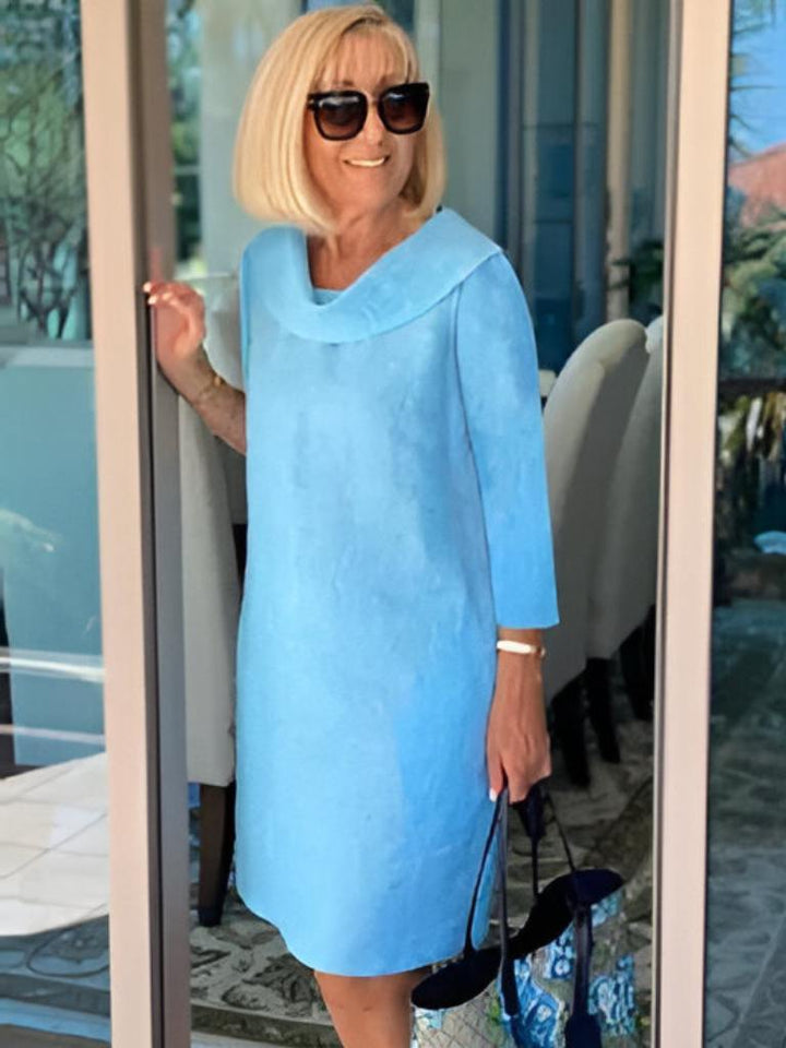 Heidi Elegant tunic dress in flax with liquid fit and draped collar