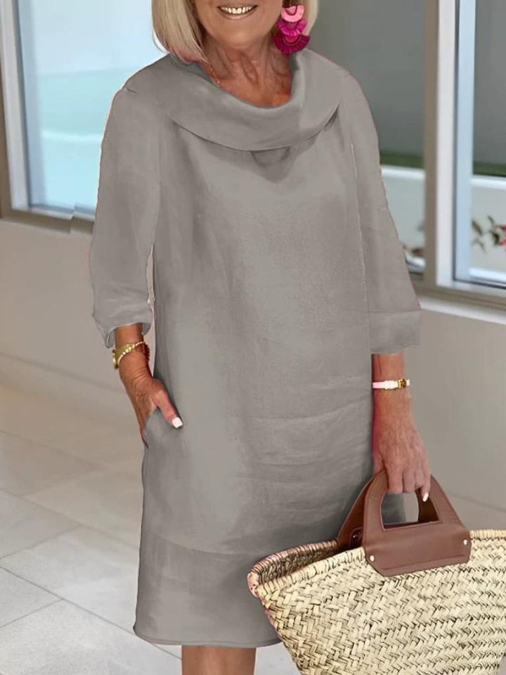 Heidi Elegant tunic dress in flax with liquid fit and draped collar
