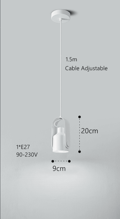 Hvid pendellampe med justerbar 1,5m kabel, E27 fatning, 20cm højde, 9cm bredde. Moderne design, ideel til stue eller køkkenbelysning.
