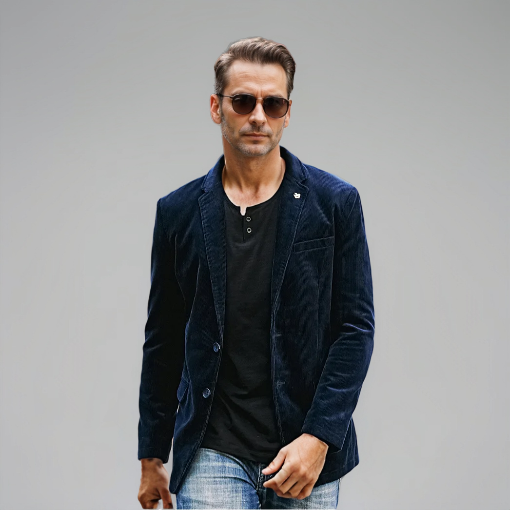 Mand i blå fløjlsjakke, sort t-shirt og solbriller, går selvsikkert mod kameraet. Moderne herremode, afslappet stil, trendy look.