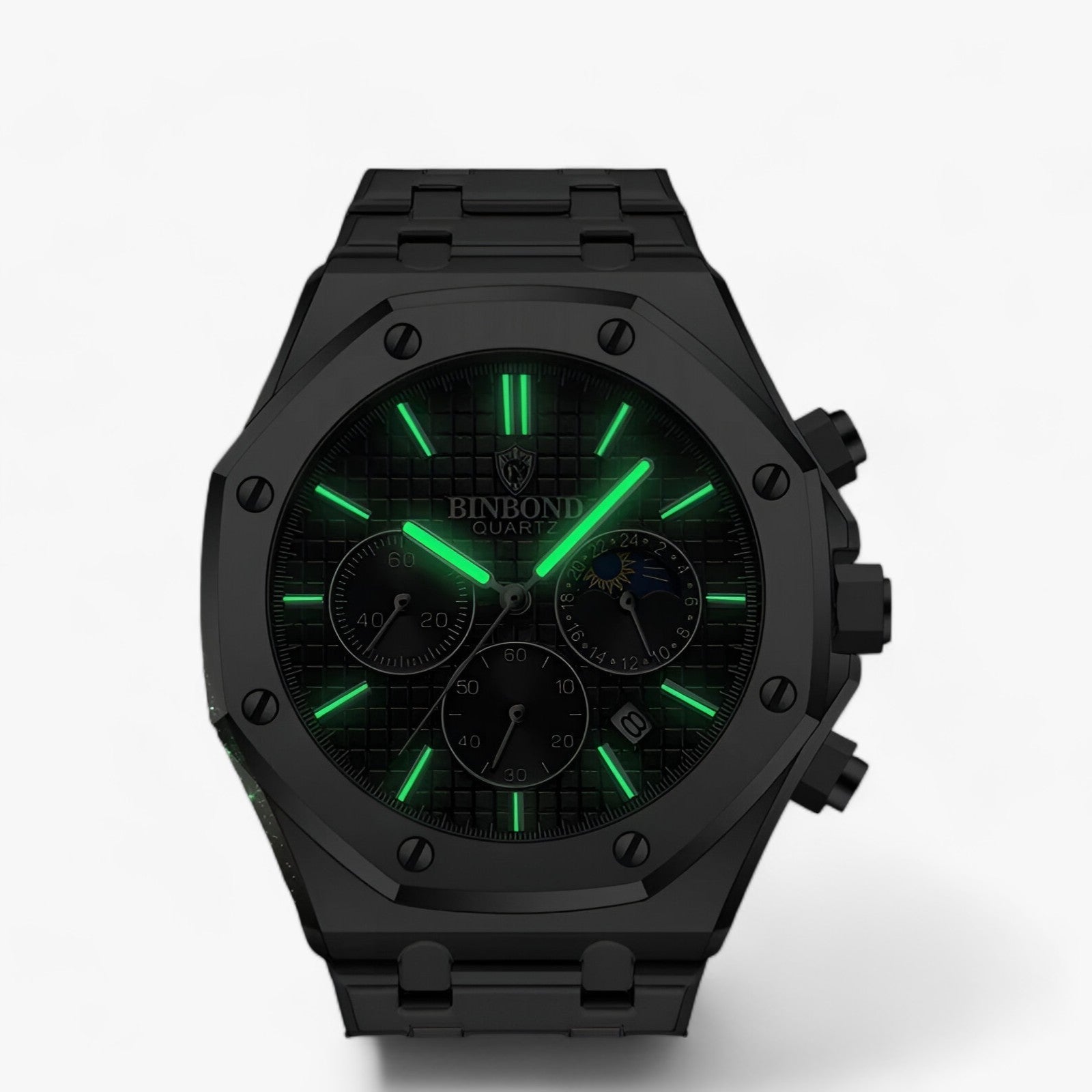 Sort ur med grønne lysende markører, Binbond kvarts, kronograf funktioner, robust design. Perfekt til stilfulde og moderne urentusiaster.