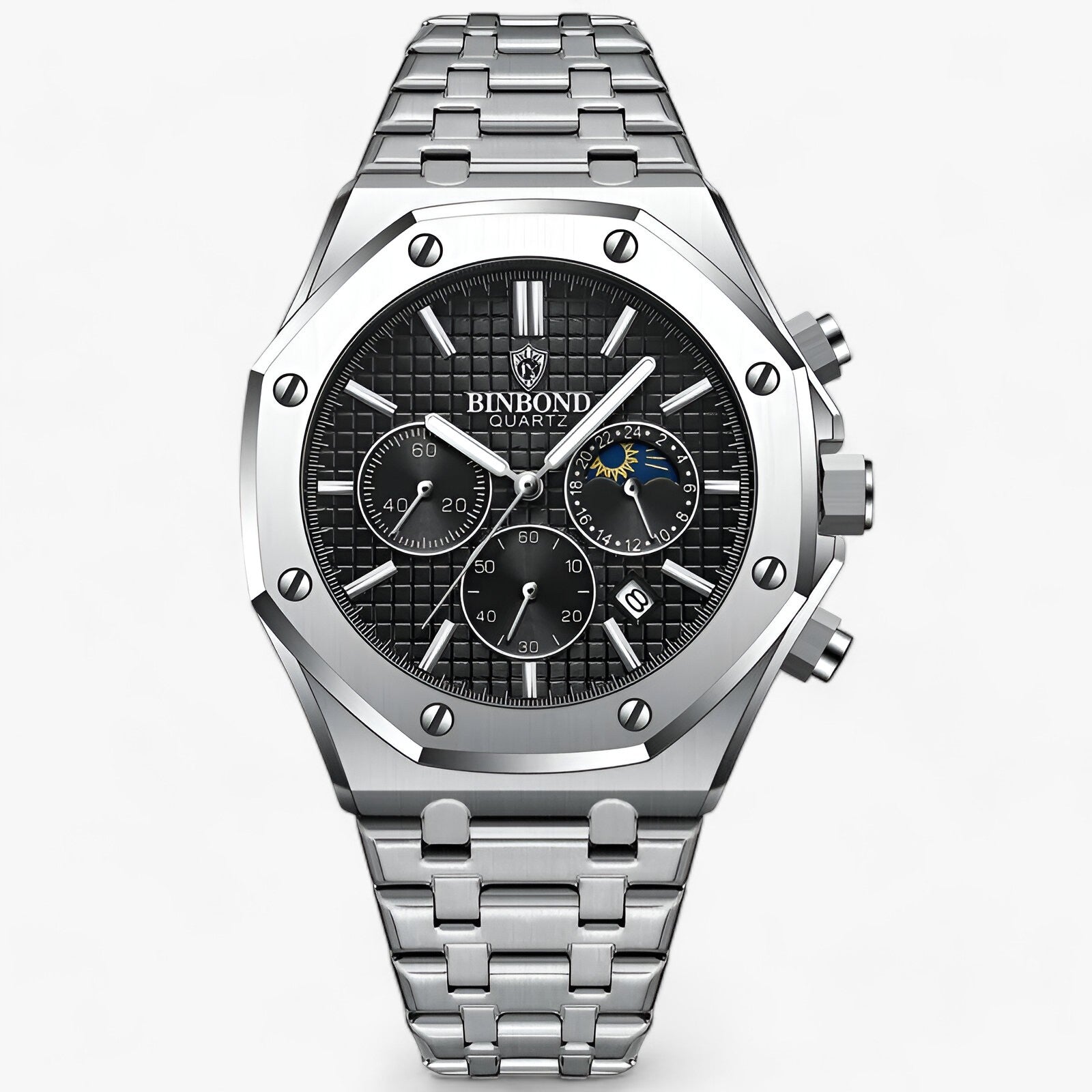 Sølv armbåndsur med sort urskive, kronograf, datovisning og månefase. Elegant design, rustfrit stål, herreur, luksus kvartsur.