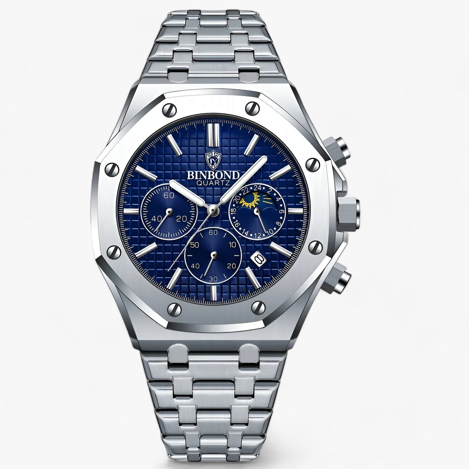 Sølv armbåndsur med blå urskive, kronograffunktioner og stålrem. Elegant herreur, moderne design, præcisionskvarts.