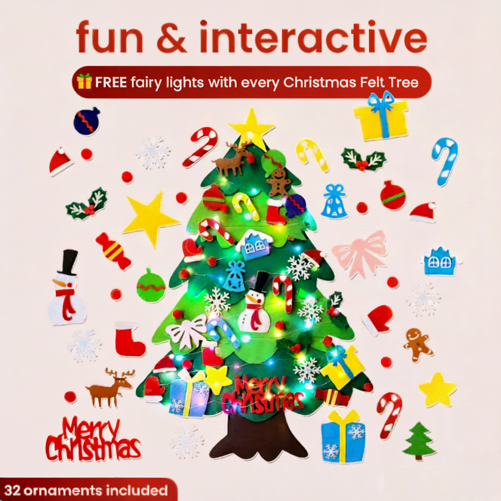 Sjovt og interaktivt juletræ i filt med 32 pyntede ornamenter, inklusive stjerner, gaver og slikstokke. Gratis lyskæde medfølger. Perfekt til jul.