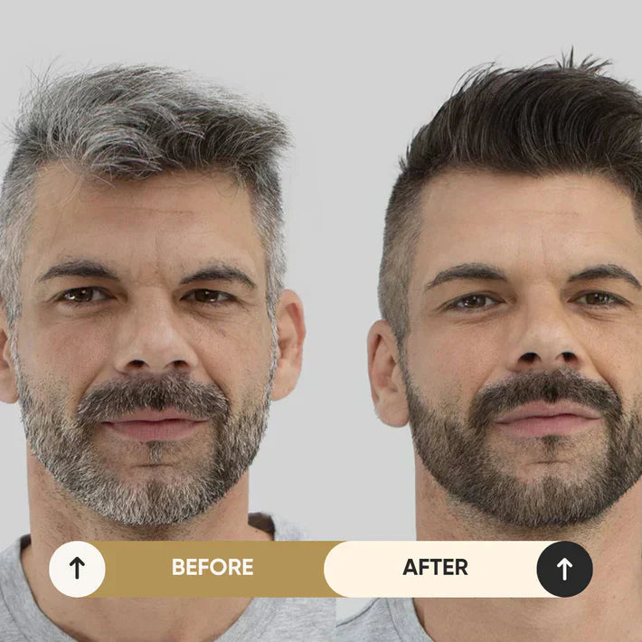 Før og efter billede af mand med gråt hår, der bliver mørkere og mere stylet. Hårtransformation, herrefrisure, før og efter makeover.