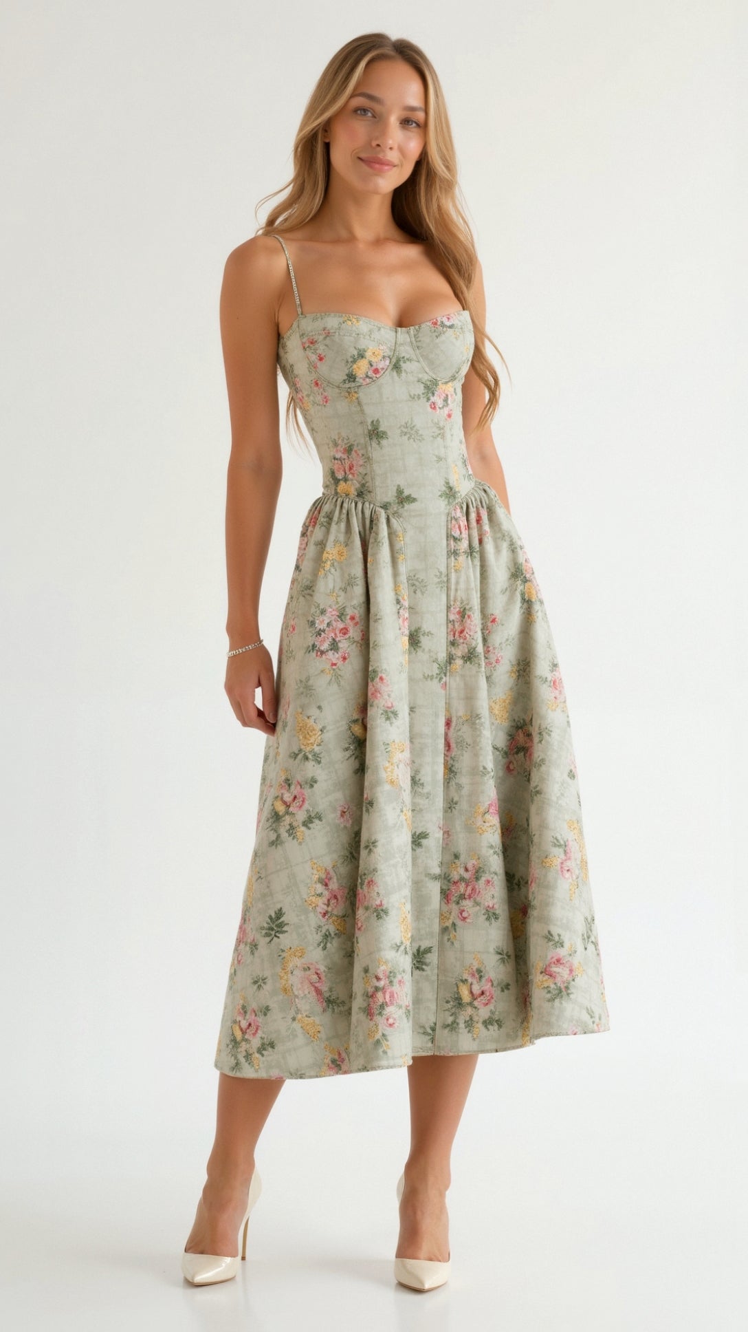 Robe midi fleurie avec corsage à lacets et encolure en forme de cœur