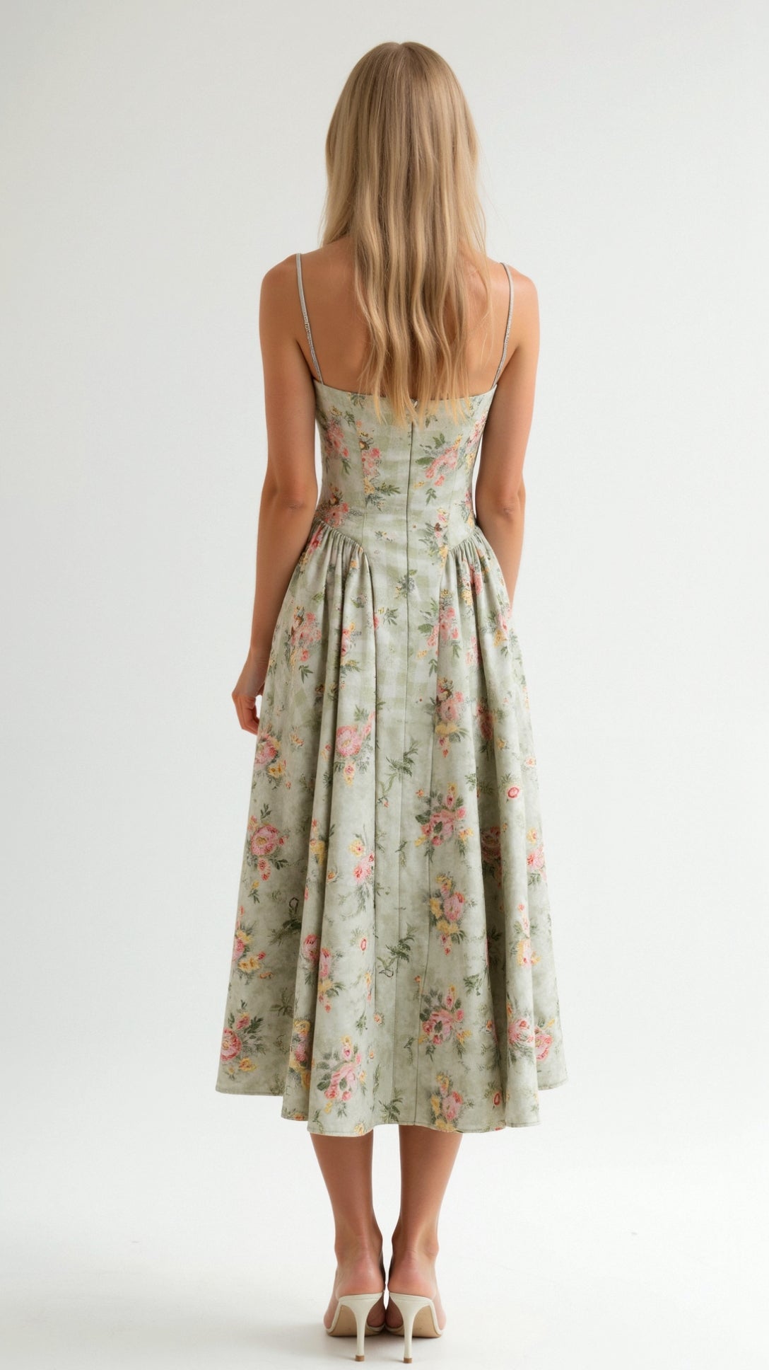 Robe midi fleurie avec corsage à lacets et encolure en forme de cœur