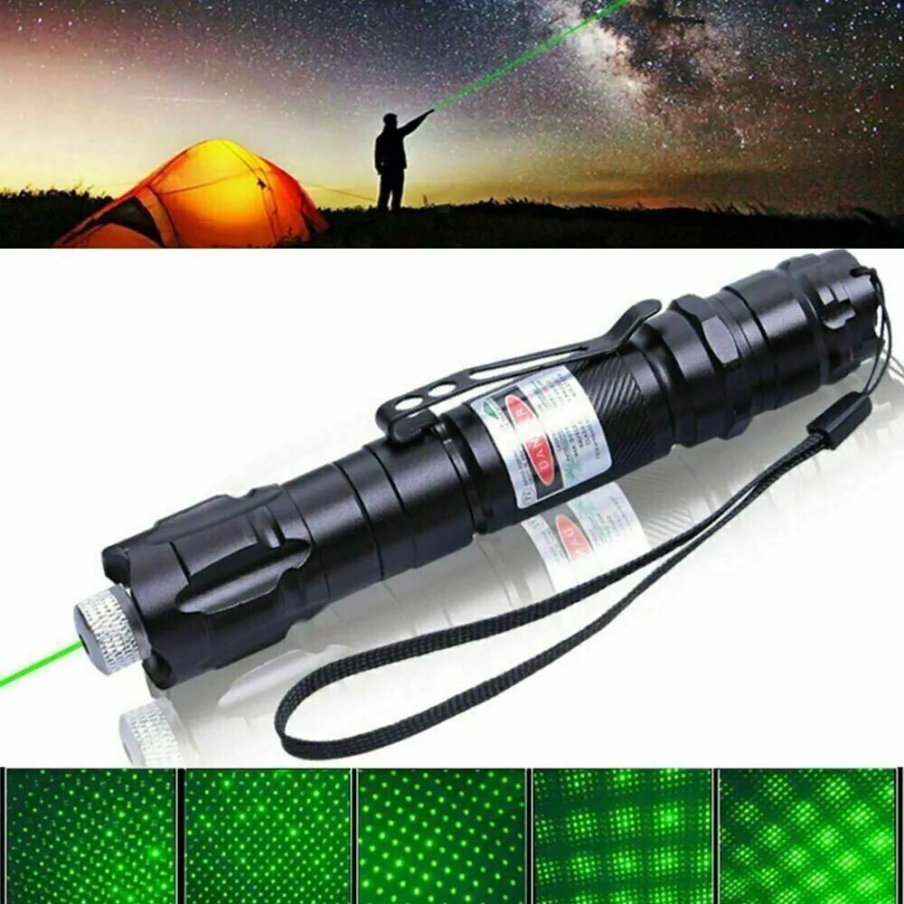 Kraftig grøn laserpointer med stjernehimmel-effekt, ideel til nattehimmelobservationer og præsentationer. Bærbar og let at bruge.