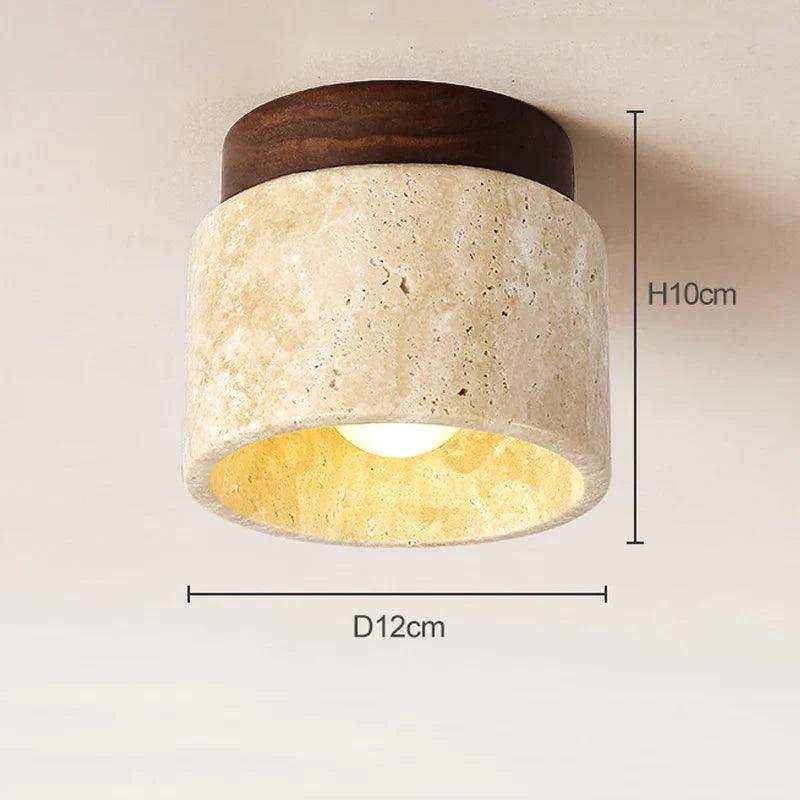 Rund loftlampe i natursten, 12 cm i diameter, 10 cm høj. Moderne design, ideel til stue eller køkken. Energibesparende belysning.