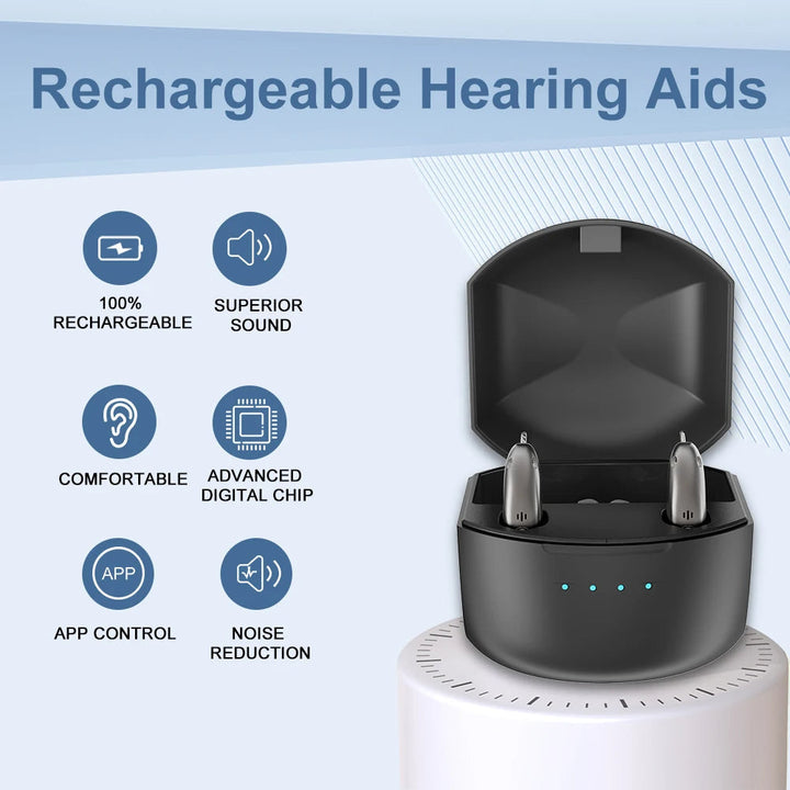 Aparelhos auditivos Bluetooth recarregáveis com redução de ruído | som claro e conforto