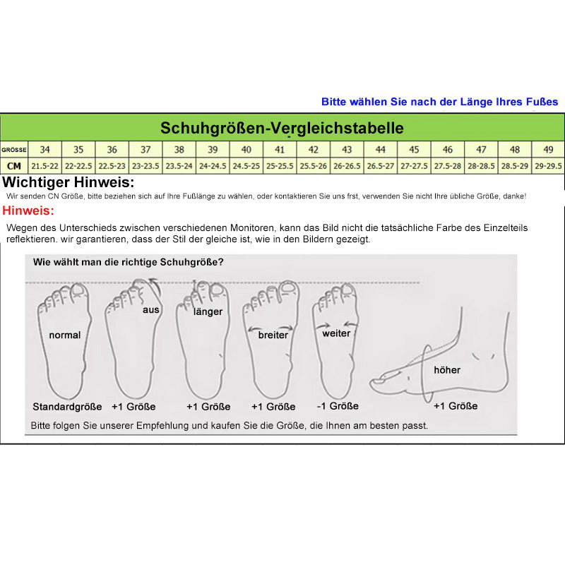 Skostørrelses sammenligningstabel med illustrationer af forskellige fodtyper: normal, bredere, længere, højere. Vælg korrekt skostørrelse.
