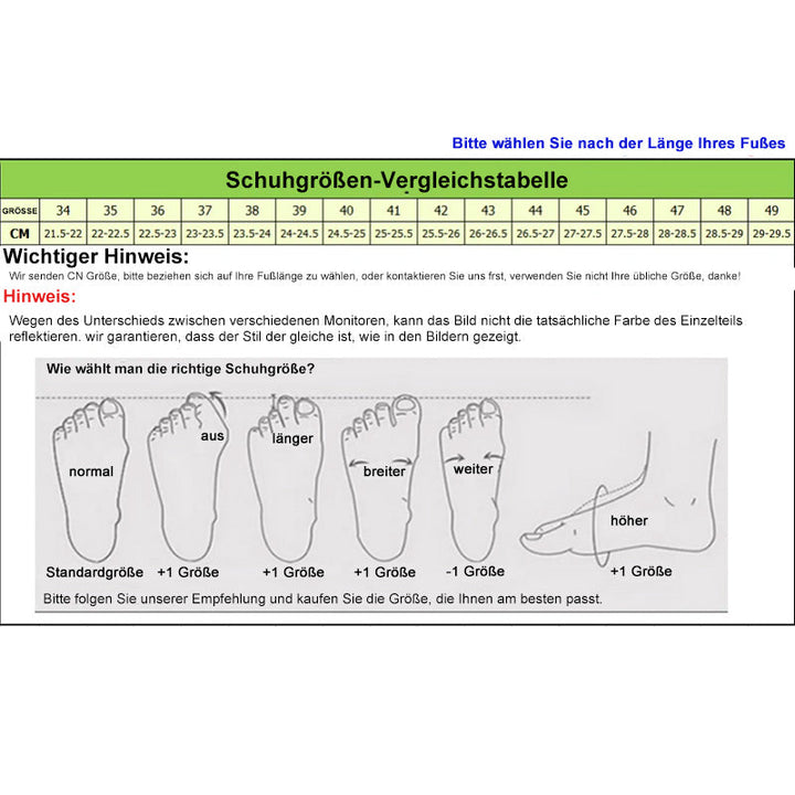 Skostørrelses sammenligningstabel med illustrationer af forskellige fodtyper: normal, bredere, længere, højere. Vælg korrekt skostørrelse.
