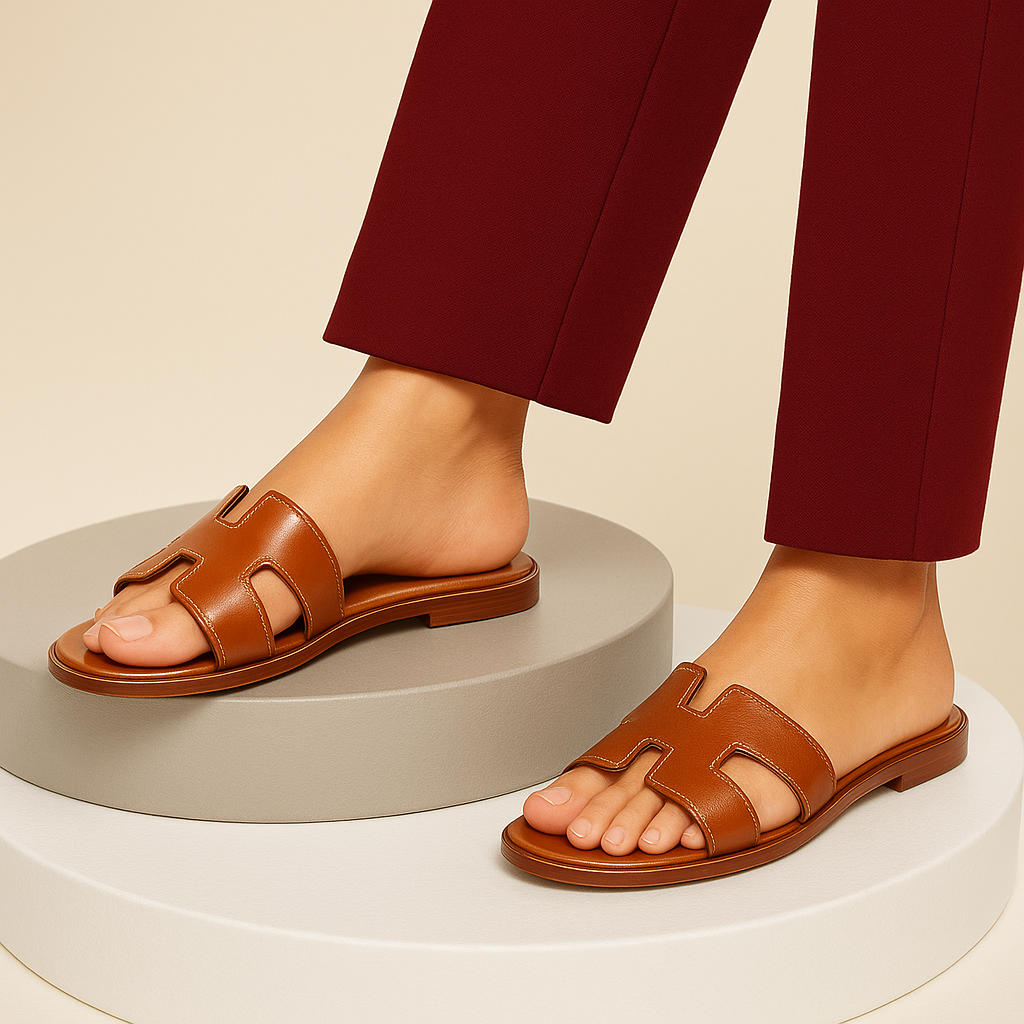 Brune lædersandaler til kvinder, flade med åben tå, bæres af person i bordeaux bukser. Stilfuldt fodtøj til sommermode og komfort.