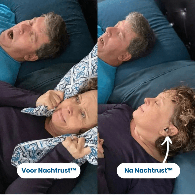 To personer i seng; før og efter brug af anti-snorke enhed. Kvinde ser lettet ud efter brug. Effektiv løsning mod snorken.