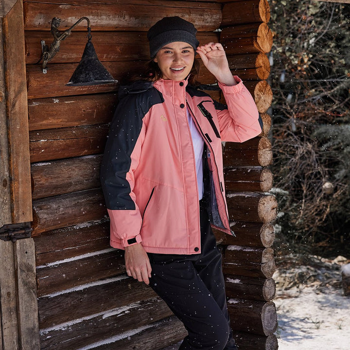 Vandtæt og isoleret skijakke til kvinder med aftagelig hætte og varmt fleecefoer