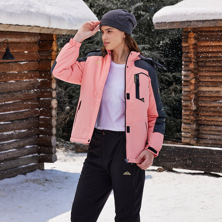 Vandtæt og isoleret skijakke til kvinder med aftagelig hætte og varmt fleecefoer