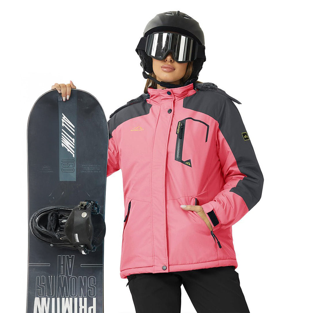 Vandtæt og isoleret skijakke til kvinder med aftagelig hætte og varmt fleecefoer