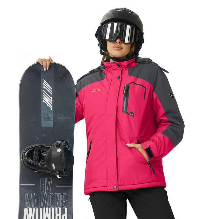 Vandtæt og isoleret skijakke til kvinder med aftagelig hætte og varmt fleecefoer