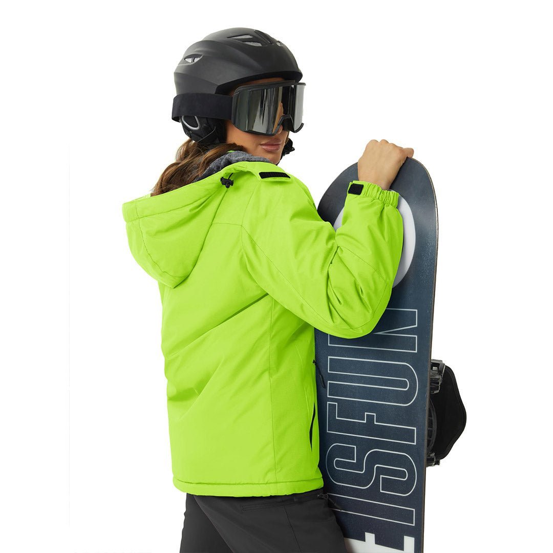 Vandtæt og isoleret skijakke til kvinder med aftagelig hætte og varmt fleecefoer