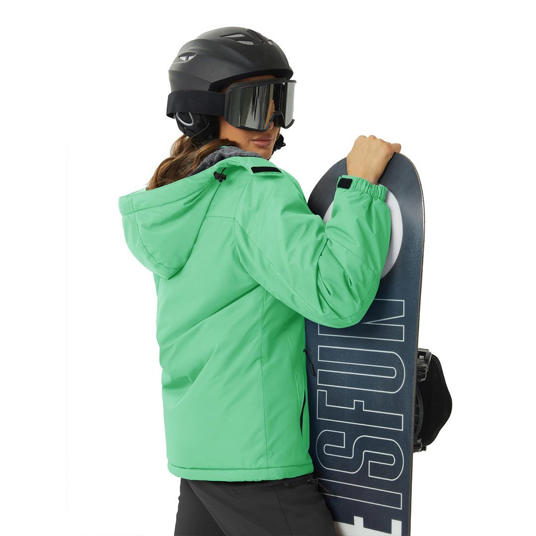 Vandtæt og isoleret skijakke til kvinder med aftagelig hætte og varmt fleecefoer