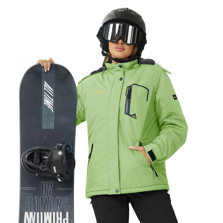 Vandtæt og isoleret skijakke til kvinder med aftagelig hætte og varmt fleecefoer