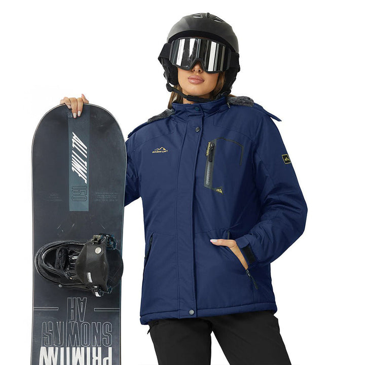 Vandtæt og isoleret skijakke til kvinder med aftagelig hætte og varmt fleecefoer