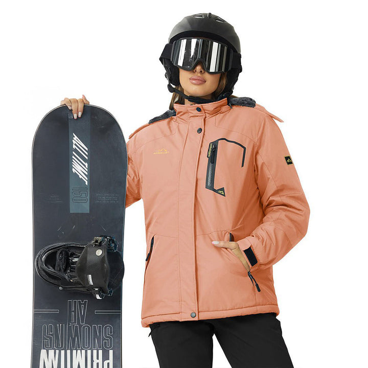 Vandtæt og isoleret skijakke til kvinder med aftagelig hætte og varmt fleecefoer