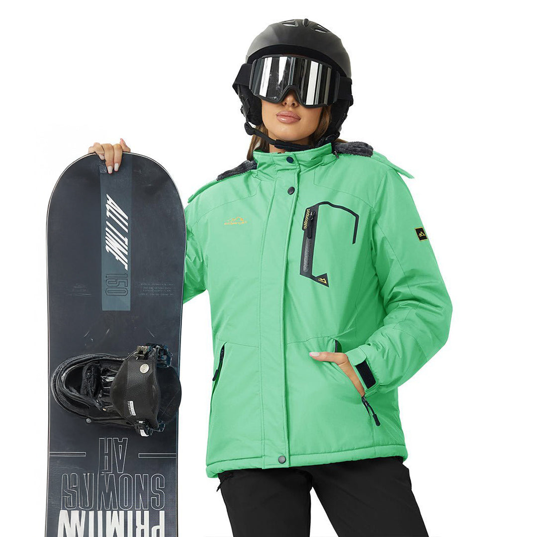 Vandtæt og isoleret skijakke til kvinder med aftagelig hætte og varmt fleecefoer