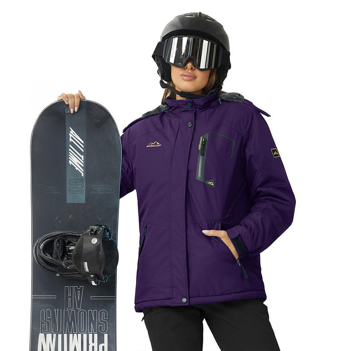 Vandtæt og isoleret skijakke til kvinder med aftagelig hætte og varmt fleecefoer