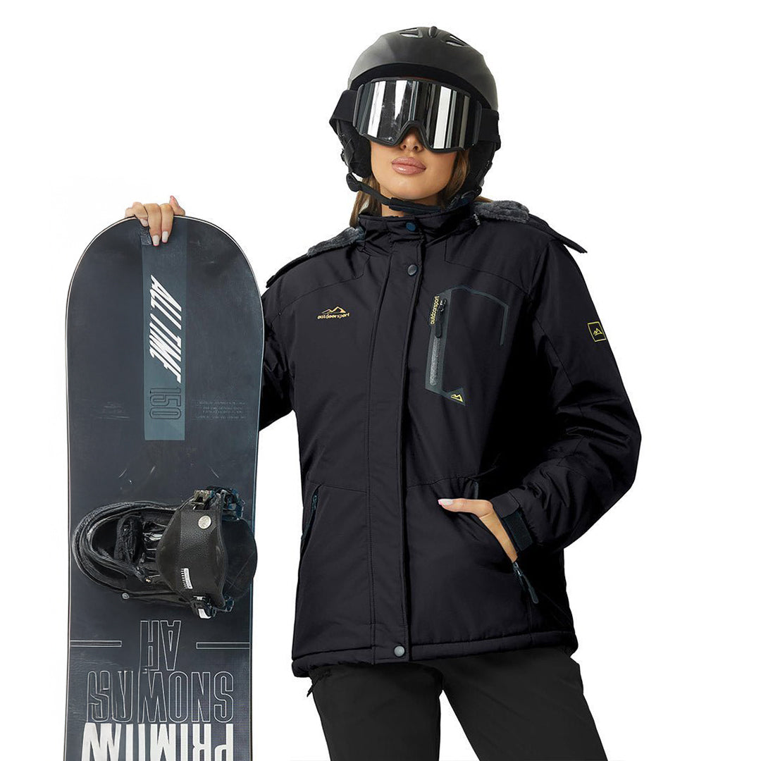 Vandtæt og isoleret skijakke til kvinder med aftagelig hætte og varmt fleecefoer