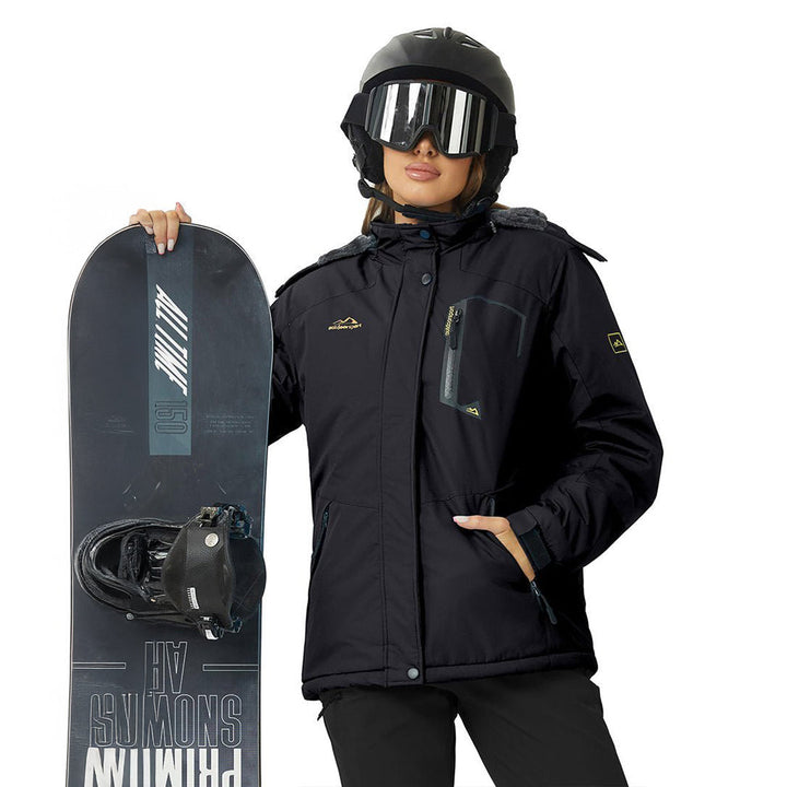 Vandtæt og isoleret skijakke til kvinder med aftagelig hætte og varmt fleecefoer