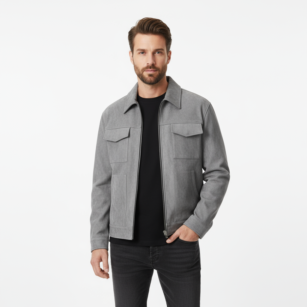 Grå herrejakke i uldblanding med lynlås og lommer, bæres af mand i sort t-shirt og jeans. Moderne herremode, stilfuldt og tidløst design.