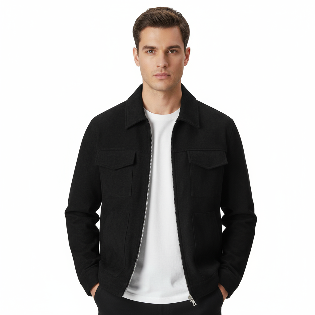 Ung mand iført sort jakke og hvid t-shirt, står mod hvid baggrund. Mode, herretøj, stilfuld jakke, casual look, moderne herremode.